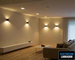 Living room with recessed lighting highlighting the feature wall.