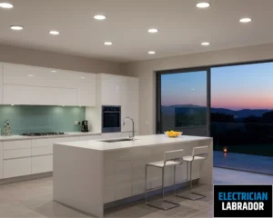 Modern kitchen with white cabinets, countertops, and large windows offering a view.