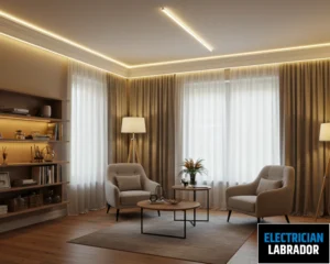 Cozy living room with warm lighting, a comfortable armchair, and natural light streaming in through large windows.