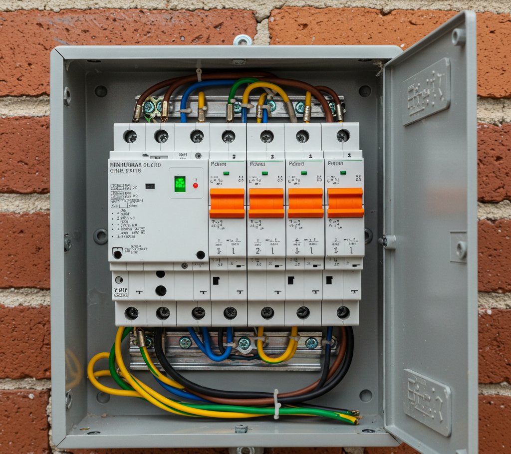 Electrical panel mounted on a brick wall with neatly organized and colored wiring.